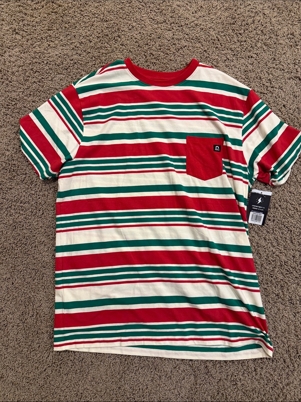Rags to Raches Red, Green & White Striped Pocket Tee